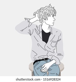 Fashion drawing of a man sitting on a chair.Doodle art concept,illustration painting