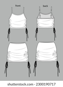 Dibujo de moda de jersey escarpado superior e inferior, parte superior de la cosecha y minifalda con correas, dibujo a lápiz en blanco