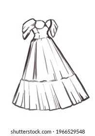 Fashion drawing of a white wedding dress with a full skirt.