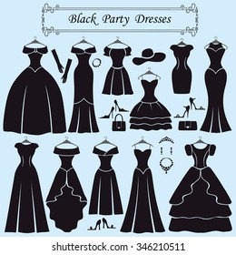 Fashion dress. Different styles of black party dress Silhouette set. Composition  made in modern flat vector style. Composition with accessories  decoration, swirling frame. Isolated Vector Illustration
