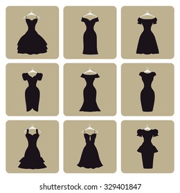 Fashion Dress. Flat Icons Signs. Different Styles Of Little Black Party Dresses, Silhouette Set. Composition In Modern Vector Style Illustration