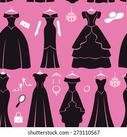 Fashion dress seamless pattern. Different styles of black party dress Silhouette set.Modern flat vector style.Composition with accessories ,chandelier, swirling frame. Illustration