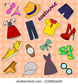 Fashion dress sticker set.  Shoes, pants, underwear, shorts, evening dresses, categories, watches, glasses and short sleeves.  Doodle vector illustration