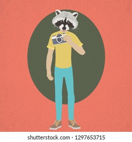 Fashion dressed up animal illustration, hipster raccoon with camera. 
