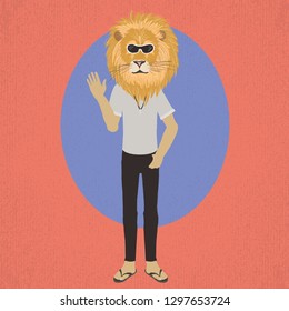 Fashion dressed up animal illustration, hipster lion waving. 