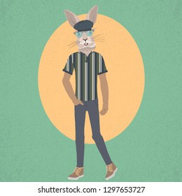 Fashion dressed up animal illustration, hipster rabbit. 
