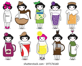 Fashion and Drinks character illustration set