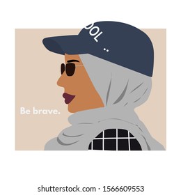Fashion east woman profile portrait with cool cap. Stylish glasses. Be brave text. Vector illustration for print, t-shirt design, poster, banner, tote bag