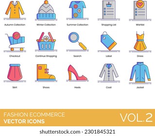 Fashion eCommerce Icons including Collection, Belt, Box, Buy Now, Checkout, Coat, Continue Shopping, Credit Card, Customer Review, Delivery, Discount, Shipping, Jacket, Jewelry, Label, Model