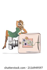 Fashion elegant blond woman sitting on the perfume decorated with flowers. Hand drawn  vector illustration.