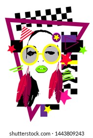 Fashion elegant girl with feather earings and sunglasses, pop art background	