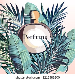 Fashion elegant vector perfume with tropical palm leaves