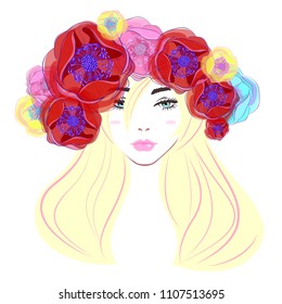 Fashion elegant woman with abstract hairdressing, diadem and wreath from the beautiful different flowers, fluffy eyelashes, pink lips. Beauty logo, spa salon, vector illustration.