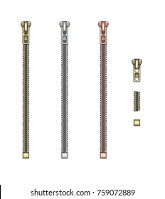 Fashion Elements: Basic Metal Zipper in Gold  Silver    Rose Gold Vector Illustration
