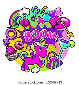 Fashion elements collection with colorful pathes stickers and badges in comic style vector illustration