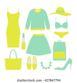 Fashion elements collection on white background - sweater, skirt, lipstick, handbag, hat, dress, high shoe. Flat style modern fashion elements. Vector illustration.