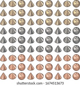 Fashion Elements: Cone Metal Studs Vector Illustration in Gold, Silver, & Rose Gold 