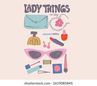 Fashion elements design  for fashion, top, dress, graphics, slogan tee, posters and others. Abstract art. Lady things in bag. Daily lifestyle accessories in ladies bag.
