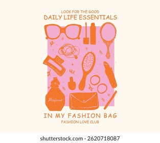 Fashion elements design for fashion, top, dress, graphics, slogan tee, posters and others. Abstract art. What's in my bag. Daily lifestyle essentials in ladies bag.