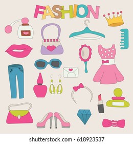 Fashion elements elements stickers set. Hand drawn colorful doodle elements vector illustration