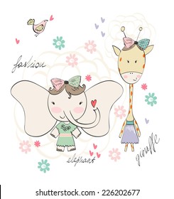 Fashion elephant and giraffe. Vector hand drawn illustration