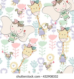 Fashion elephant and giraffe. Vector hand drawn illustration