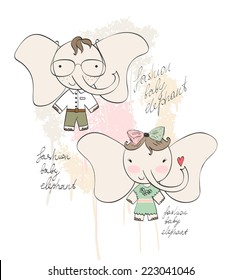 Fashion elephant girl and boy. Vector illustration