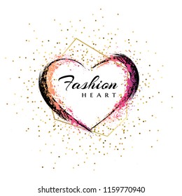 Fashion emblem. Heart shape frame.  Makeup mascara brush stroke with golden and pink splash decoration. Hand drawn abstract design element.