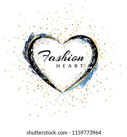 Fashion emblem. Heart shape frame.  Makeup mascara brush stroke with golden and blue splash decoration. Hand drawn abstract design element.