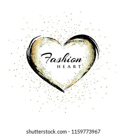 Fashion emblem. Heart shape frame.  Makeup mascara brush stroke with golden splash decoration. Hand drawn abstract design element.