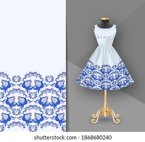 Fashion embroidery fabric printed dress on a black mannequin. Dress clothes realistic 3d mock up. Seamless blue Flower pattern in ethnic painting style. Vector illustration