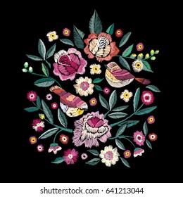 Fashion embroidery with flowers and birds