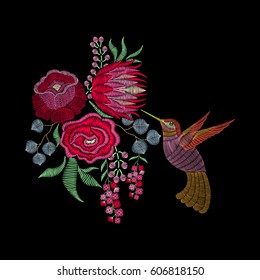 Fashion embroidery patch with hummingbird, spring flowers, roses, protea. Vector floral ornament on black background for textile, fabric traditional folk decor.