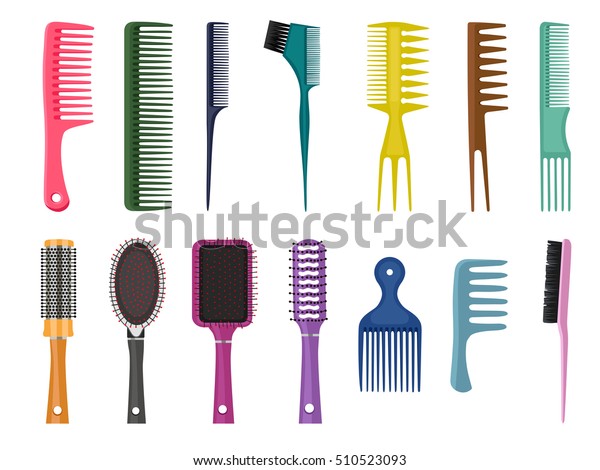 Fashion equipment\
collection of combs  hairbrush for hair, set of different types of\
combs, vector isolated on white background, Hairdresser style\
accessories,\
hairdryer\
\

