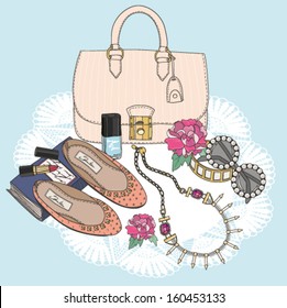 Fashion essentials.  Background with bag, sunglasses, shoes, jewelery, makeup and flowers.