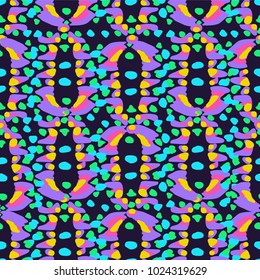 Fashion ethnic seamless fabric pattern. Abstract tribal ornament design . Hand drawn boho, hippie swimwear trand. Handcrafted colorful painting. Textile vintage  watercolor tie dye background .
