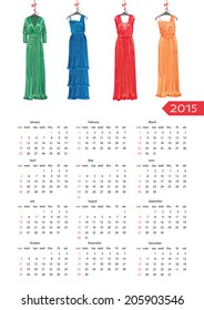 Fashion European calendar 2015 year.Colorful women's  party dress on a ribbon.Cartoon illustration.