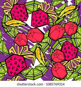 Fashion Exotic tropics  summer endless backgrounds. Abstract creative trendy colorful summer fruits seamless pattern with urban geometric seamless pattern. Squares, stripes, lines. Hand drawn artistic