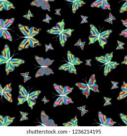 Fashion Fabric Design. Endless. Seamless abstract floral background with butterflies. Vector. Sketch, doodle, scribble.