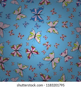 Fashion Fabric Design. Hand-drawn illustration. Vector. Pictures in blue, neutral and white colors. Beautiful seamless pattern of cute butterflies.