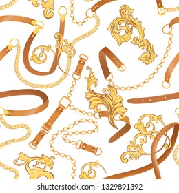 Fashion Fabric Seamless Pattern with Golden Chains, Belts and Straps. Luxury Baroque Background Fashion Design with Jewelry Elements for Textile, Wallpaper, Scarf. Vector illustration