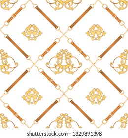 Fashion Fabric Seamless Pattern with Golden Chains, Belts and Straps. Luxury Baroque Background Fashion Design with Jewelry Elements for Textile, Wallpaper, Scarf. Vector illustration