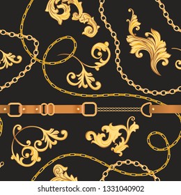 Fashion Fabric Seamless Pattern with Golden Chains, Belts and Straps. Luxury Baroque Background Fashion Design with Jewelry Elements for Textile, Wallpaper, Scarf. Vector illustration