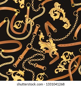 Fashion Fabric Seamless Pattern with Golden Chains, Belts and Straps. Luxury Baroque Background Fashion Design with Jewelry Elements for Textile, Wallpaper, Scarf. Vector illustration