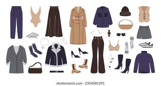 Prendas de invierno de otoño de moda. Caricatura de ropa de mujer pantalones de abrigo chaqueta de ropa accesorios de bolsa de camisa, ropa informal. Conjunto de vectores