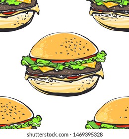 Fashion fast food seamless with burger. Stylish modern textile design. Vector fashion sketch. White background. Vintage fabric print. Beautiful pattern