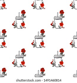 Fashion fast food seamless with paper cup and roses. Stylish modern textile design. Vector fashion sketch. White background. Vintage fabric print. Beautiful pattern