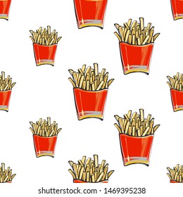 Fashion fast food seamless with potato fries pack. Stylish modern textile design. Vector fashion sketch. White background. Vintage fabric print. Beautiful pattern.