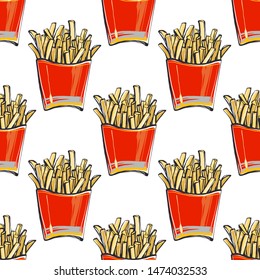 Fashion fast food seamless with potato fries pack. Stylish modern textile design. Vector fashion sketch. White background. Vintage fabric print. Beautiful pattern.