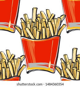 Fashion fast food seamless with potato fries pack. Stylish modern textile design. Vector fashion sketch. White background. Vintage fabric print. Beautiful pattern.